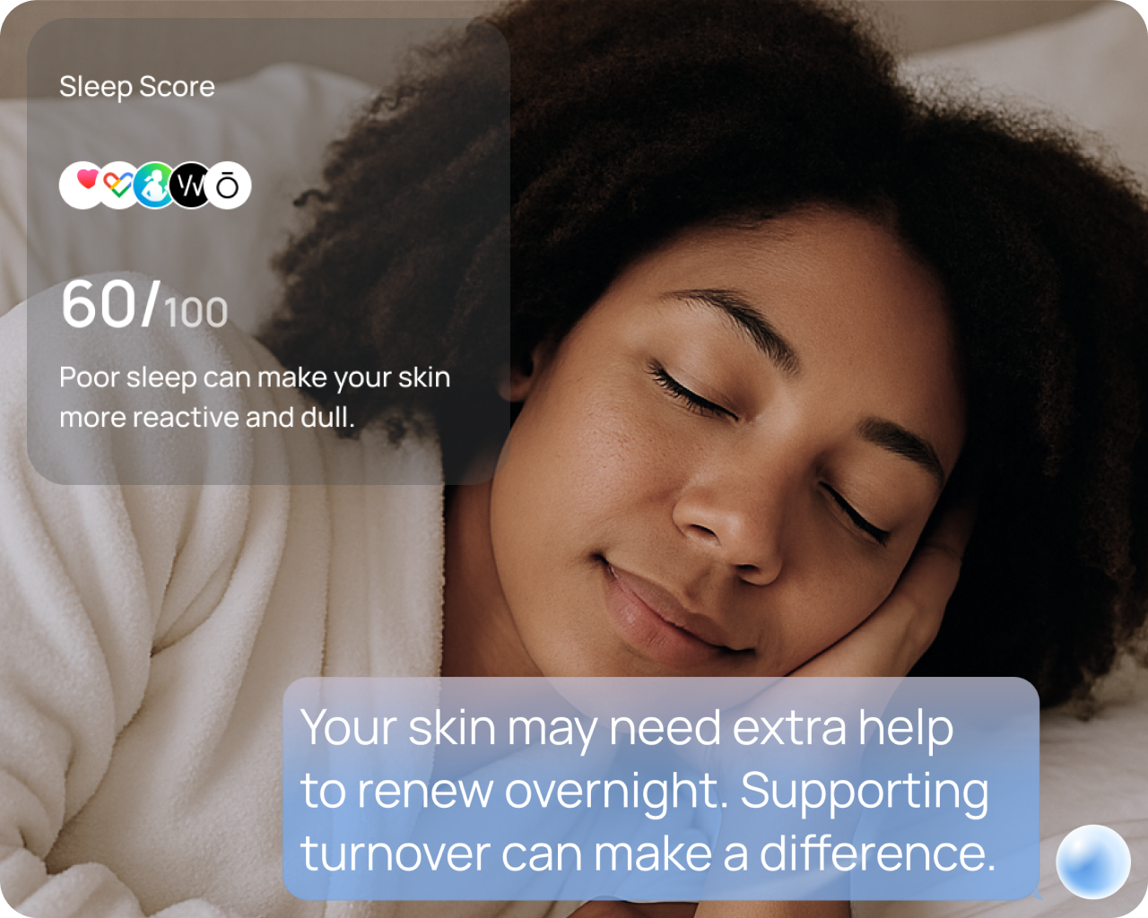A woman sleeping peacefully, with the Stella app interface displaying a 'Sleep Score' of '60/100' and the text 'Poor sleep can make your skin more reactive and dull.' Logos for WHOOP and ŌURA are visible, indicating integration. A notification bubble advises, 'Your skin may need extra help to renew overnight. Supporting turnover can make a difference.' This illustrates how Stella helps users connect lifestyle factors like sleep to their skin health and provides personalized recommendations.