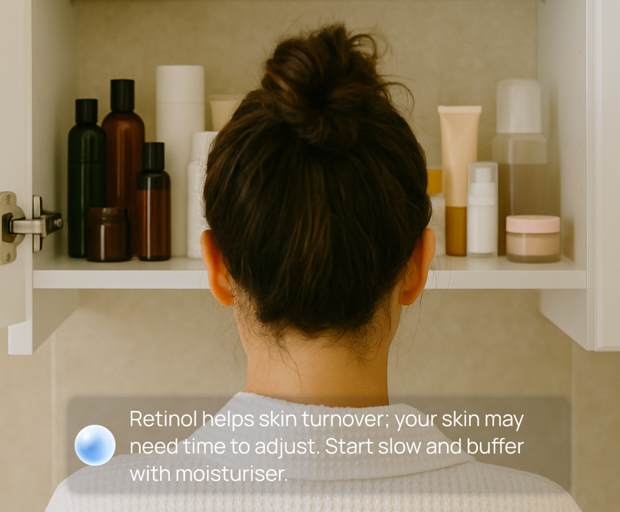 A woman smiling, with the Stella app interface displaying 'Add to Routine: Tranexamic Acid 3%', described as 'Clinically shown to reduce dark spots and even skin tone' with a 'Skin match - 98%'. Below, 'Pigmentation 55/100' is shown with a trend graph. This image illustrates how Stella's SkinMatch™ analyzes products against scans, goals, and clinical data to provide objective, unbiased advice and recommend from a curated, clinically-backed range.