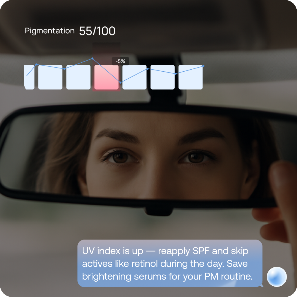 Female athlete checking her Polar smartwatch before a run, with Stella skin metrics like Sleep, UV Index, and Routine displayed.