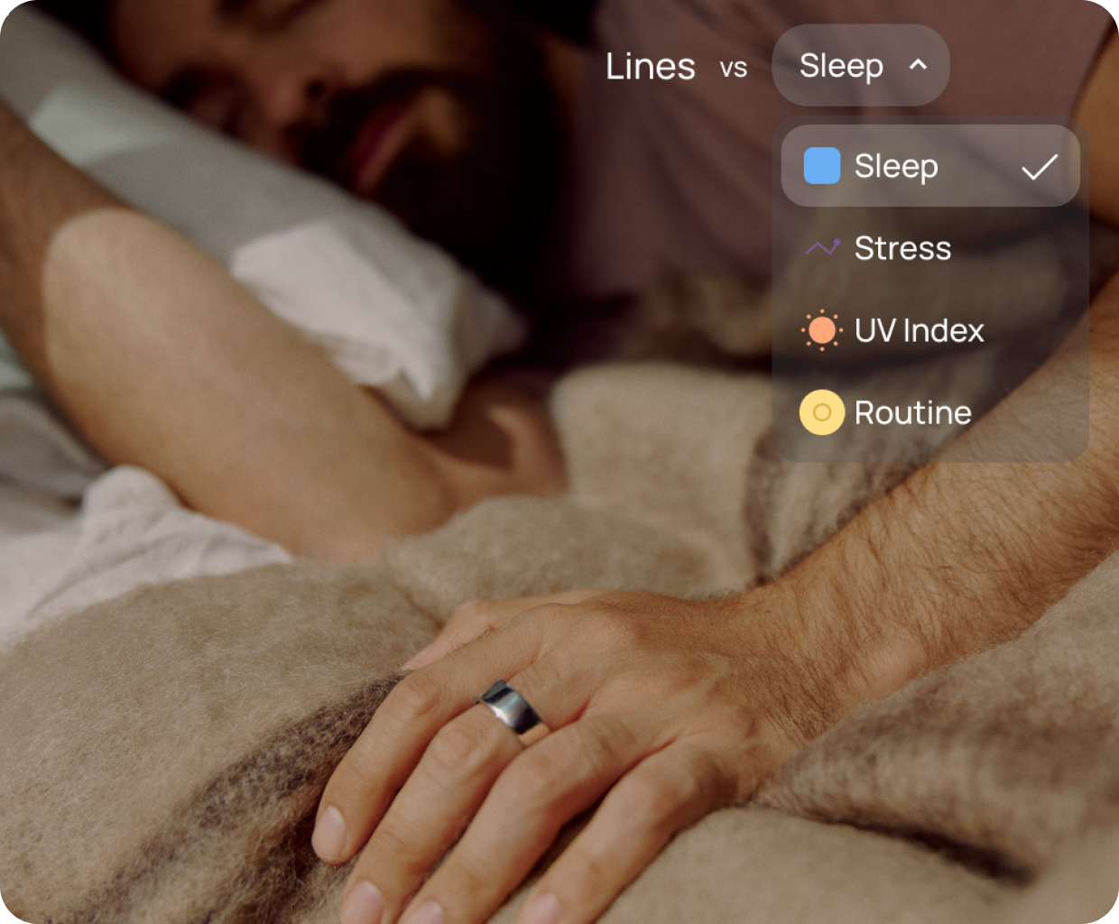 A man in be with his head on his pillow asleep. Oura ring in the foreground.