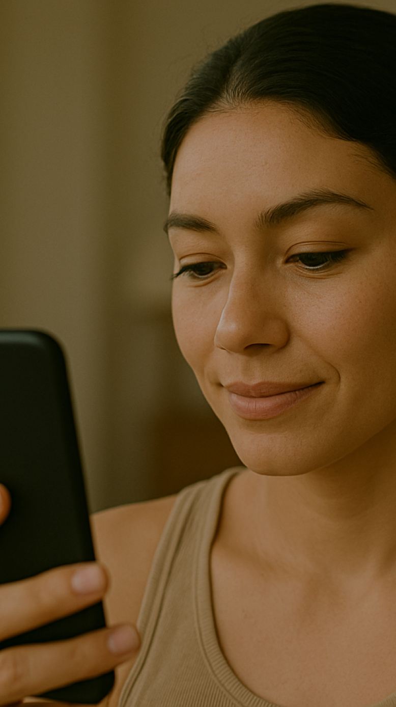 A woman using a smartphone to scan her face for skin analysis in natural light, representing Stella's skin tracking technology.