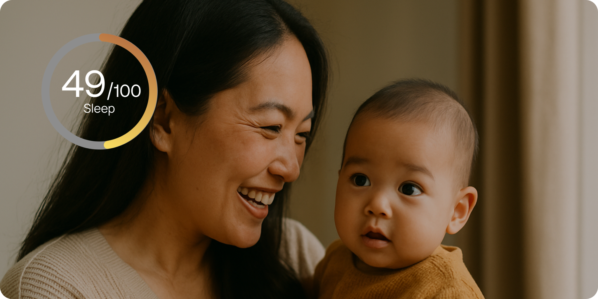 A woman smiling while holding a baby, with a Stella app overlay showing '49/100 Sleep' indicating a skin assessment related to sleep. A notification box suggests, 'Consider a peptide-rich night cream to boost skin recovery when sleep falls short,' and also mentions 'Pre-register for 6 months free'. This illustrates how Stella syncs lifestyle data to show its impact on the user's face and offers personalized recommendations.