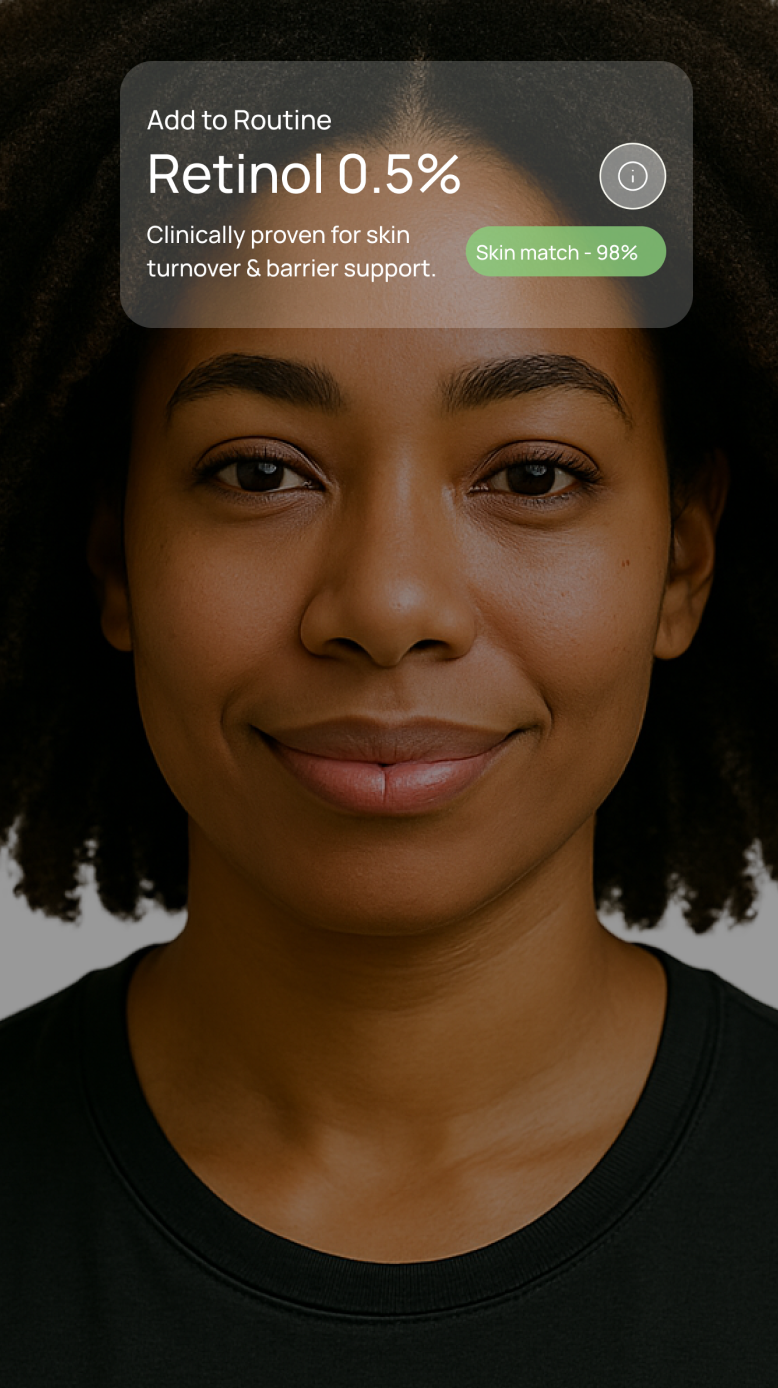 A smiling woman with curly hair serves as the background for the Stella app's 'How Stella Works' section. Overlays include a recommendation to 'Add to Routine: Retinol 0.5%', noting it's 'Clinically proven for skin turnover & barrier support' with a 'Skin match - 98%'. App Store and Google Play download buttons, marked 'Coming Soon', are also visible, illustrating Stella's focus on tracking skin, understanding changes, and improving results.