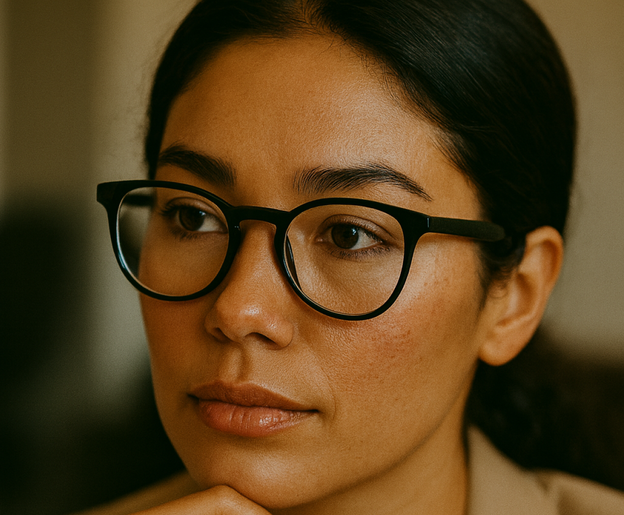 Woman performing a skin scan in a mirror using the Stella app to assess fine lines with a score of 85/100