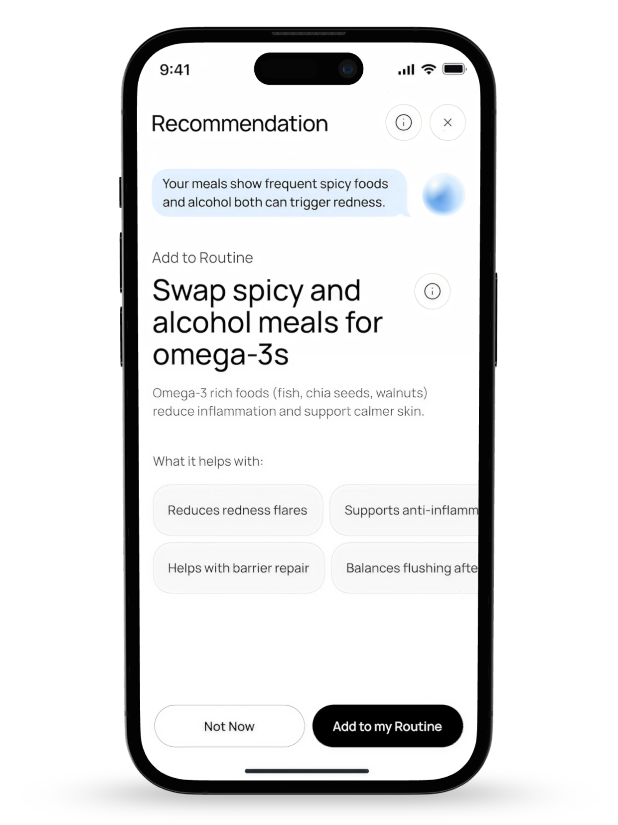 Stella app recommending to swap pricing and alochol meals for omega-3s with details of skin benefits based on scan results.