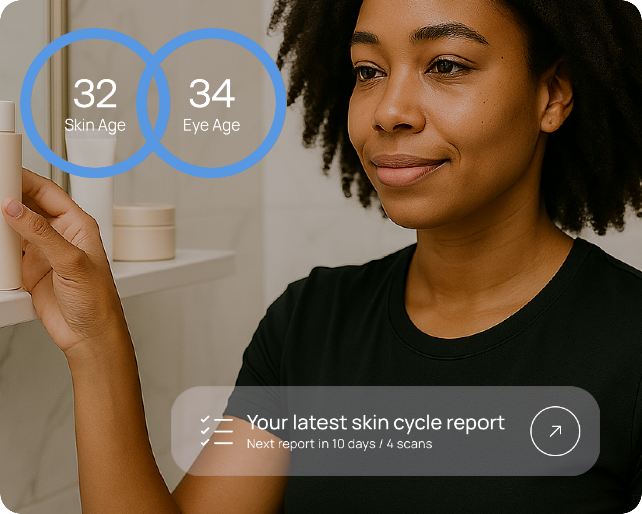 A smiling woman with 'Your Skin Decoded' text. The Stella app interface displays two circular scores: '32 Skin Age' and '34 Eye Age'. Below, 'Your latest skin cycle report' with 'Next report in 10 days / 4 scans' is shown. This image illustrates how Stella unlocks skin age, eye age, and tailored recommendations after the first eight scans, providing real signals from your body linked to clinical skincare advice.