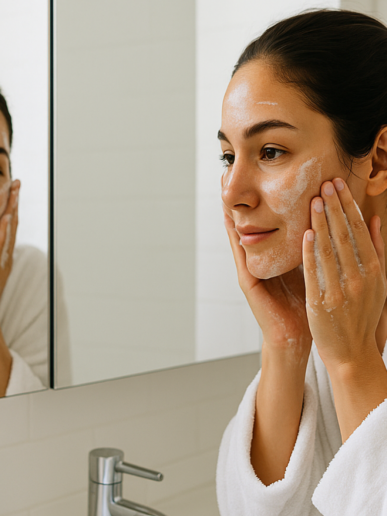 Back view of a woman in a robe looking at a shelf filled with minimalist skincare bottles.