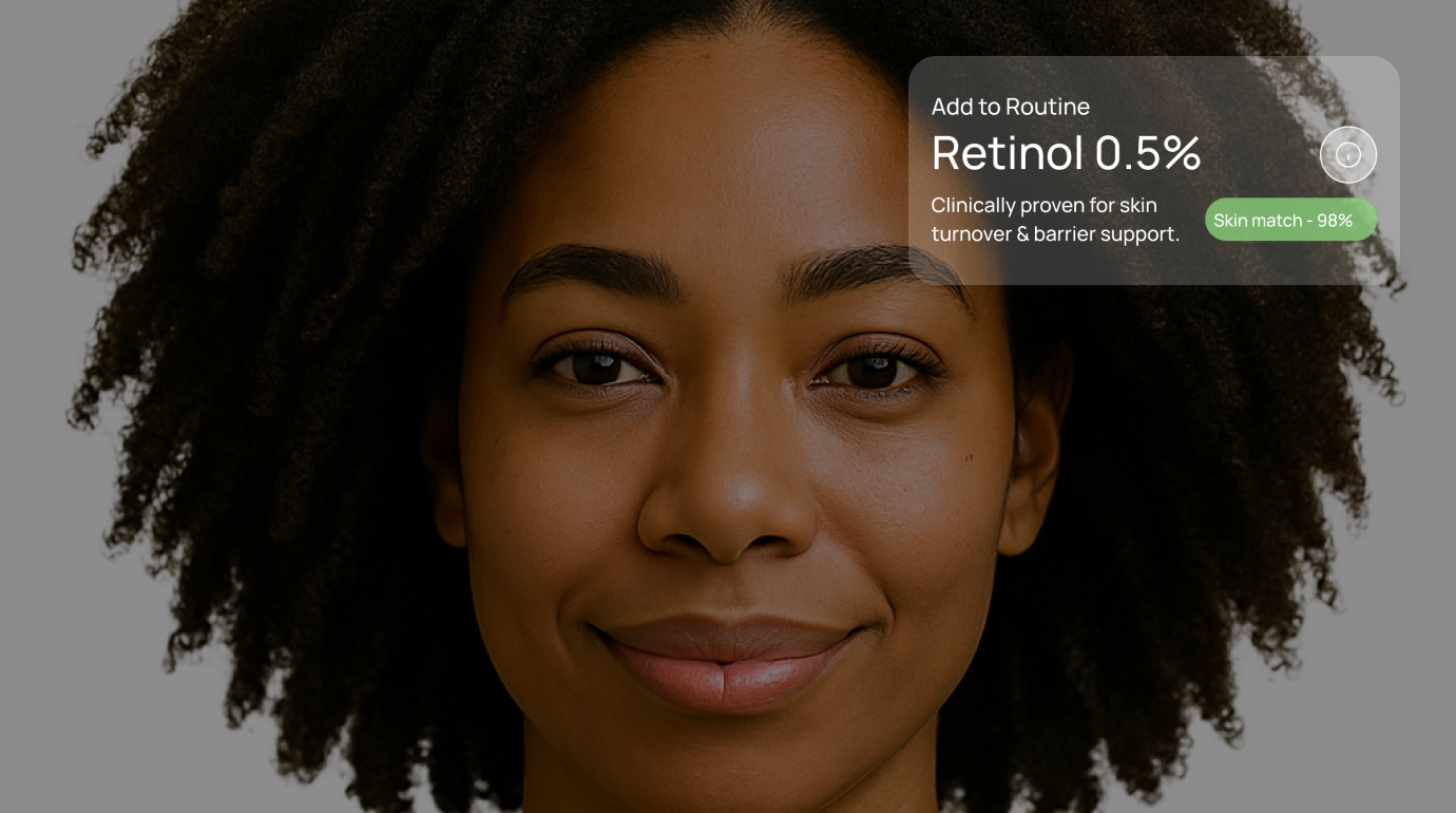 A smiling woman with curly hair serves as the background for the Stella app's 'How Stella Works' section. Overlays include a recommendation to 'Add to Routine: Retinol 0.5%', noting it's 'Clinically proven for skin turnover & barrier support' with a 'Skin match - 98%'. App Store and Google Play download buttons, marked 'Coming Soon', are also visible, illustrating Stella's focus on tracking skin, understanding changes, and improving results.