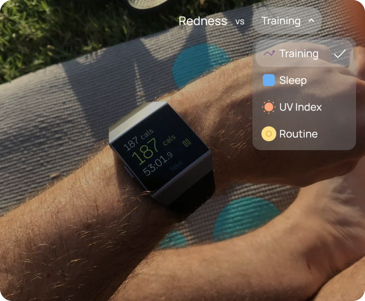 A close-up of a wrist wearing a Fitbit, showing health metrics. Stella icons show synced data from sleep, UV index and training.