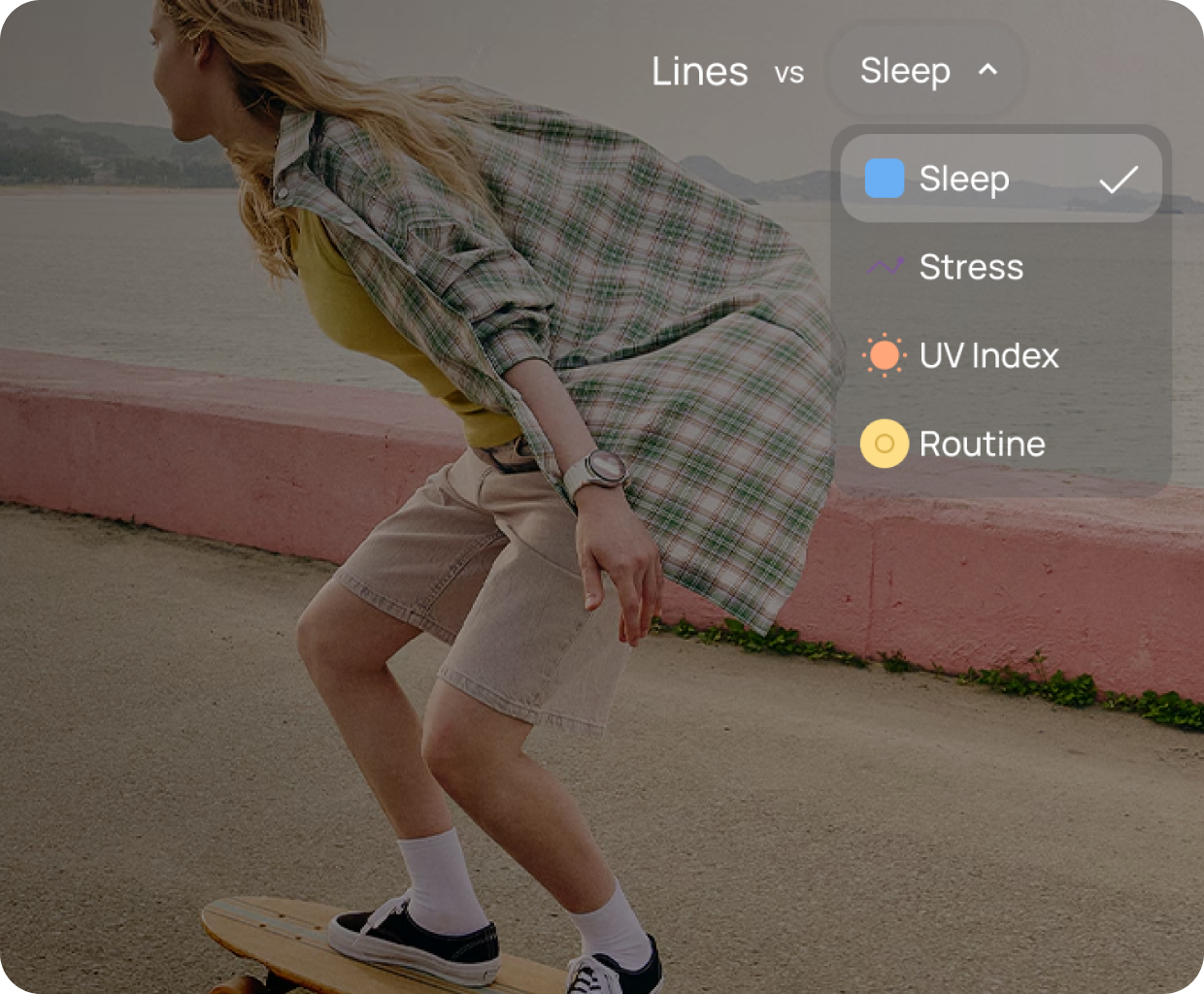Woman skateboarding while wearing a Samsung Watch.