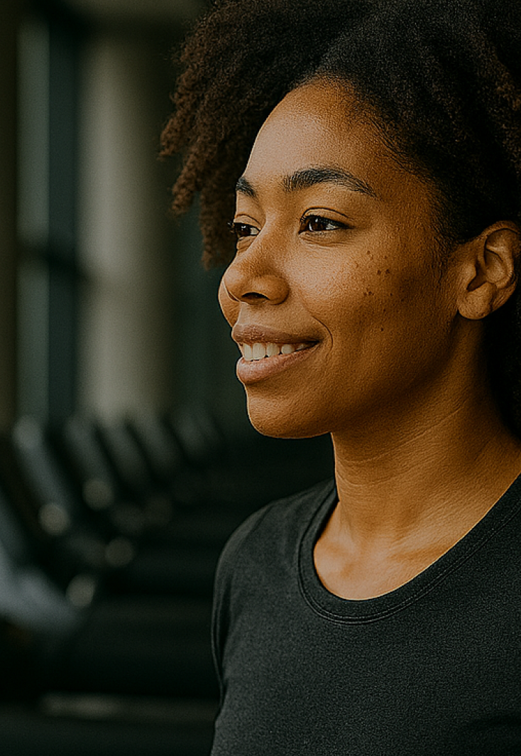 A smiling woman in fitness attire, with the Stella app interface displaying a '32 Skin Age' score. Below, three cards show 'Training Stress 87/100 (Good)', 'Sleep Score 56/100 (Average)', and 'Stress Score 75/100 (Moderate)', each with personalized advice. This image illustrates how Stella connects to wearables to show how sleep, stress, and daily habits affect skin, providing real signals from the body linked to clinical skincare advice.