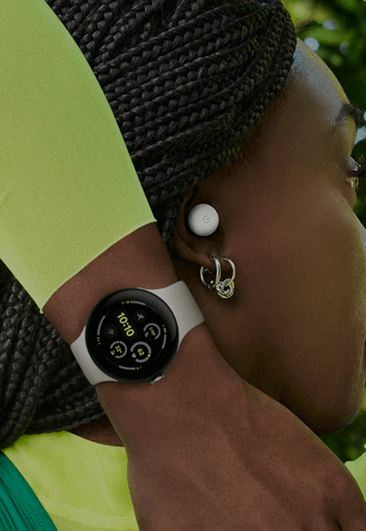 Woman stretching inside while wearing Samsung Galaxy Watch.
