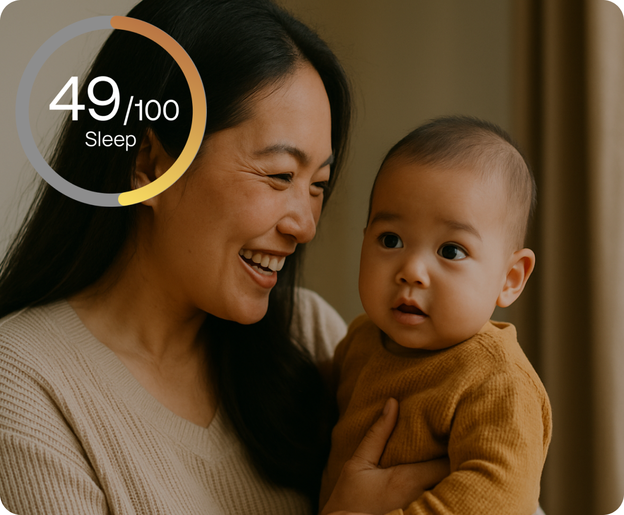 A woman smiling while holding a baby, with a Stella app overlay showing '49/100 Sleep' indicating a skin assessment related to sleep. A notification box suggests, 'Consider a peptide-rich night cream to boost skin recovery when sleep falls short,' and also mentions 'Pre-register for 6 months free'. This illustrates how Stella syncs lifestyle data to show its impact on the user's face and offers personalized recommendations.